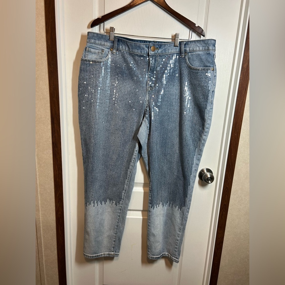 Lane Bryant Sequin Embellished Blue Jeans Boyfriend Mid-Rise - Size 18